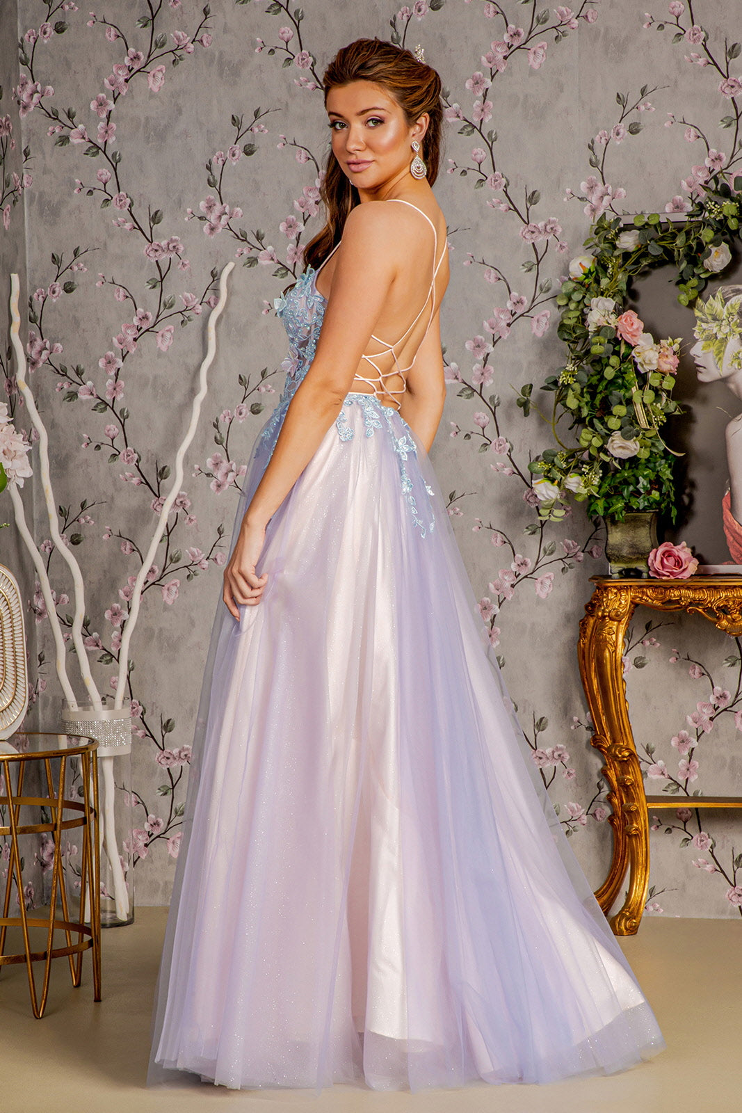 Prom Dresses Prom 3D Butterfly A line Long Slit Dress Smoky Blue/Peach