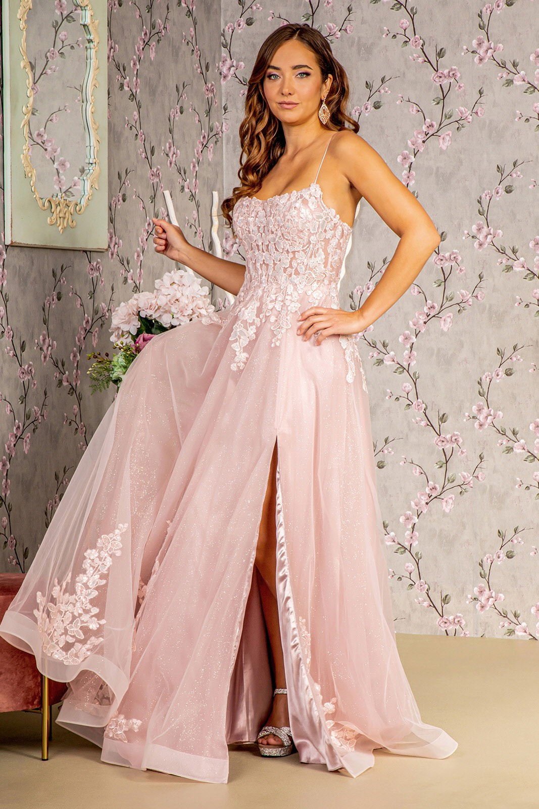 Prom Dresses Beaded Sheer Bodice Prom A line Long Dress Blush