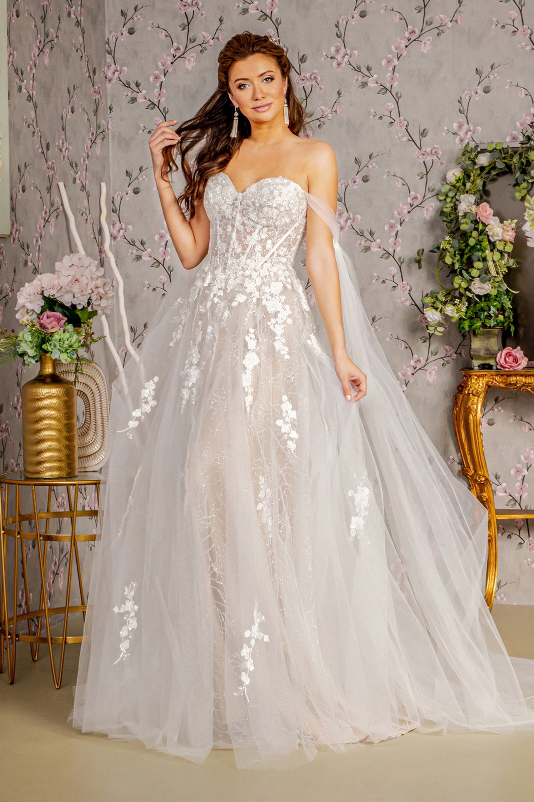 Wedding Dresses Floral Long Side Drapes A line Wedding Gown Ivory/Champagne