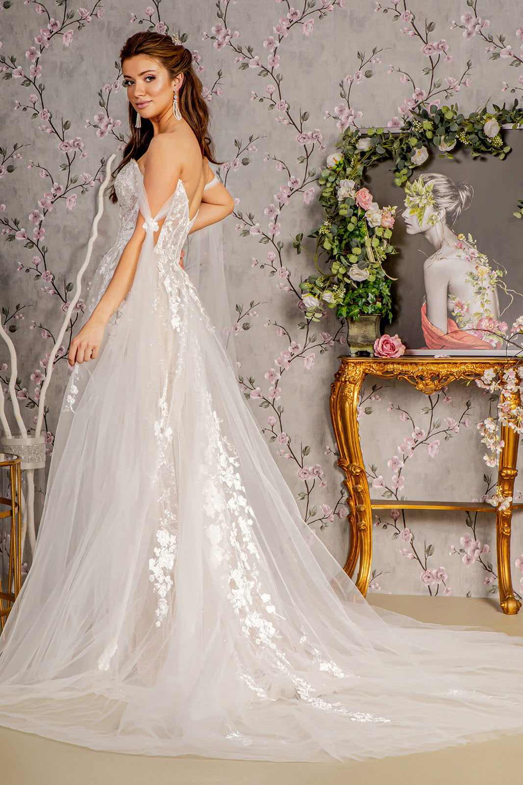 Wedding Dresses Floral Long Side Drapes A line Wedding Gown Ivory/Champagne