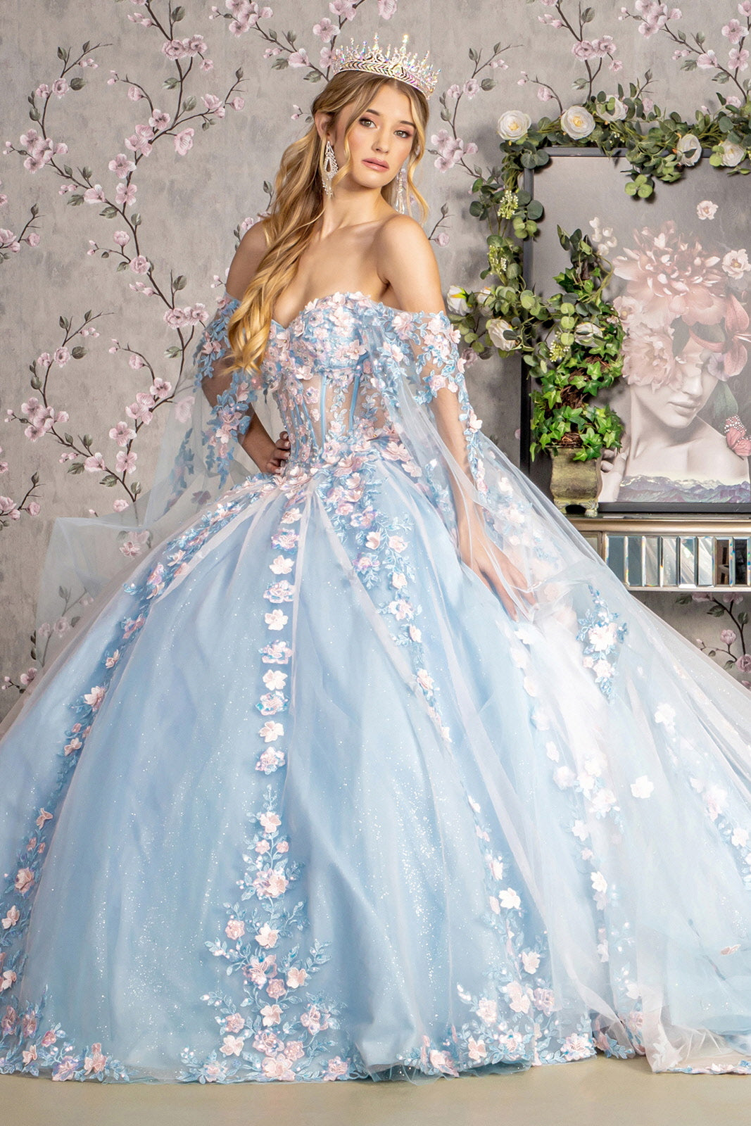 Baby Blue Quinceanera Dress 3D Flower Long Ball Gown Quinceanera