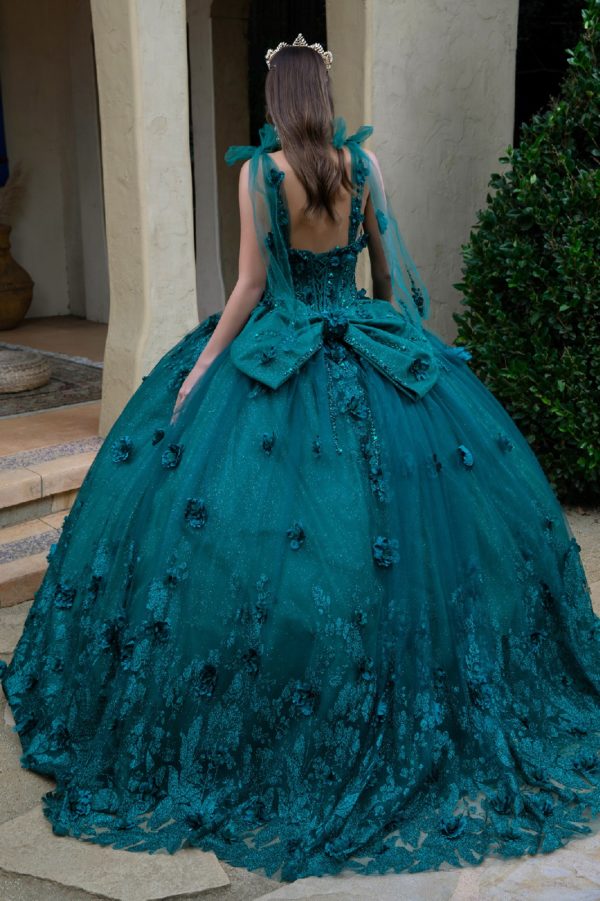 Quinceniera Dresses Glitter Applique Long Quinceanera Dress Green