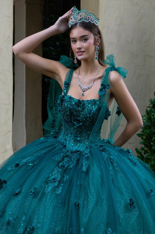 Quinceniera Dresses Glitter Applique Long Quinceanera Dress Green