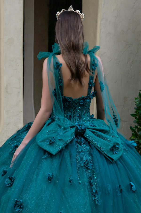 Quinceniera Dresses Glitter Applique Long Quinceanera Dress Green