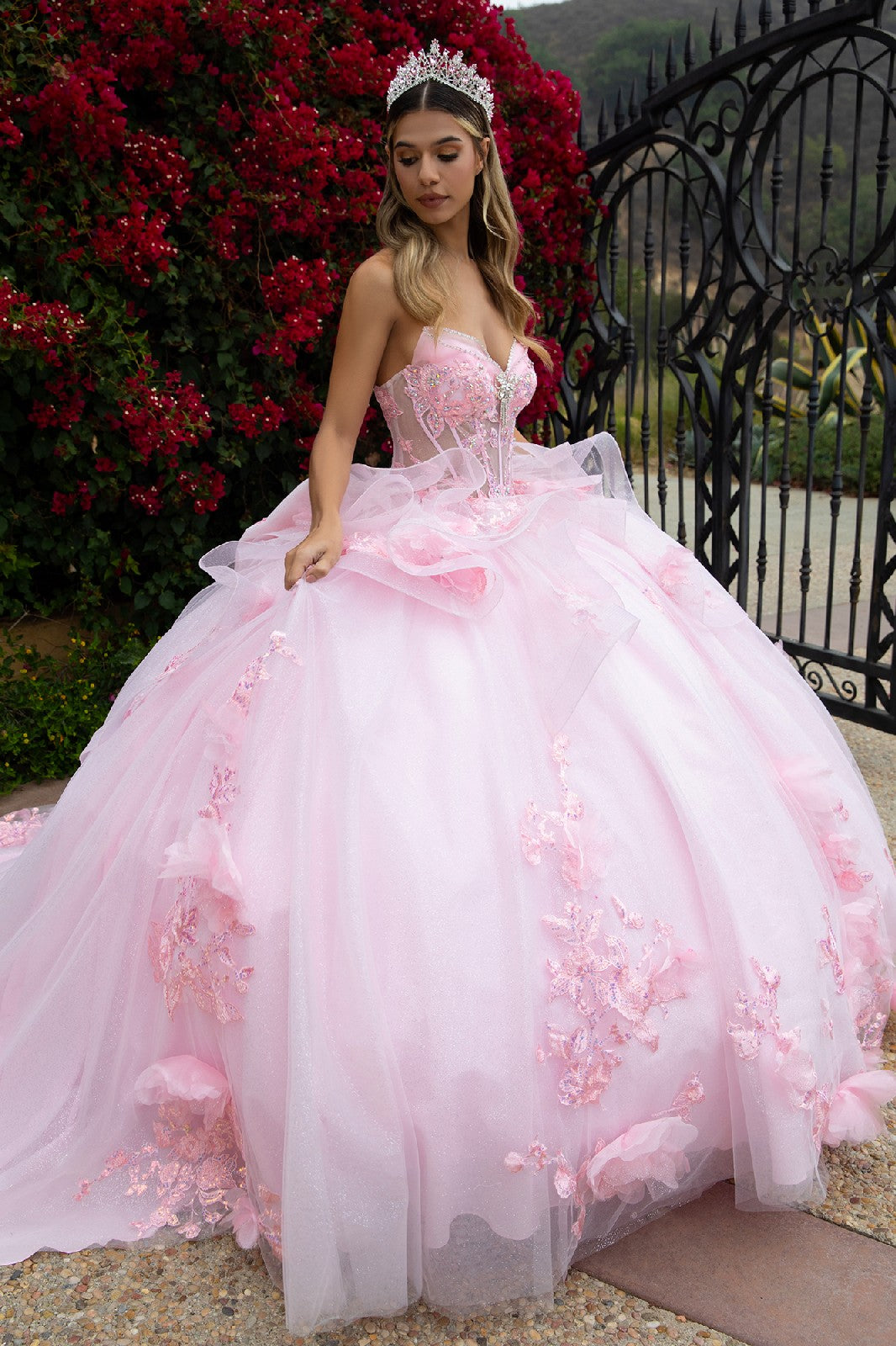 Baby Pink Long Ball Gown Glitter Applique Quinceanera Dress