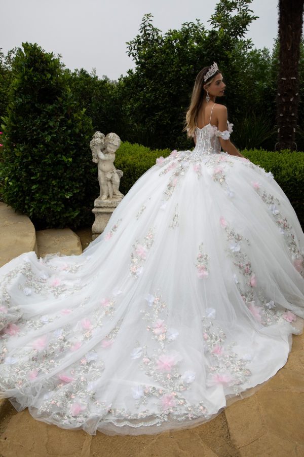 Quinceniera Dresses Long Applique Ball Gown Glitter Sequin Quinceanera Dress Off White/Pink
