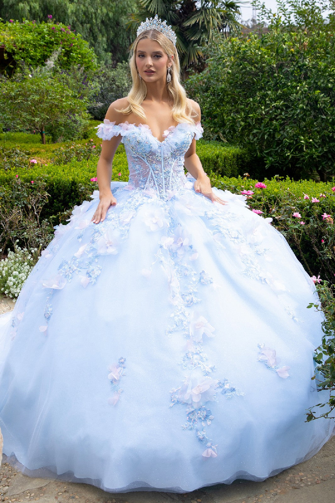 Light Blue Sweet 16 3D Floral Applique Long Quinceanera Dress