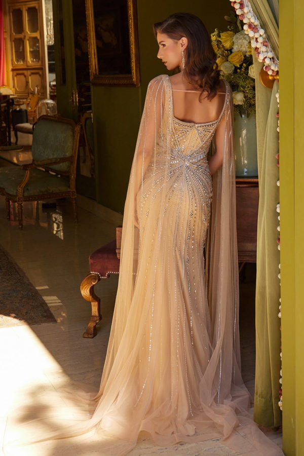 Prom Dresses Prom Long Fitted Formal Beaded Fringe Cape Dress Gold