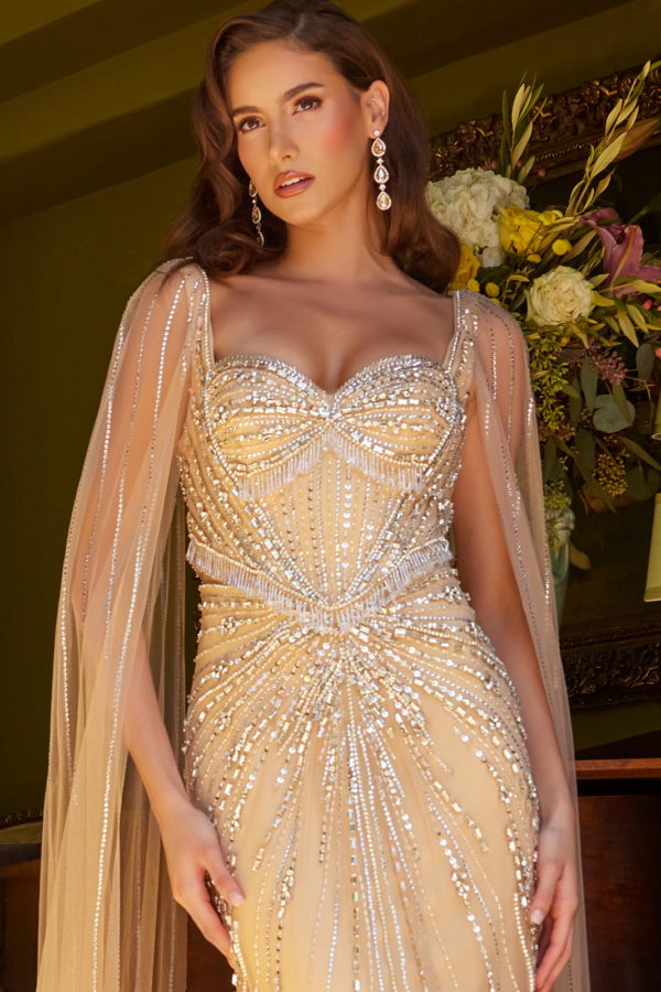 Prom Dresses Prom Long Fitted Formal Beaded Fringe Cape Dress Gold