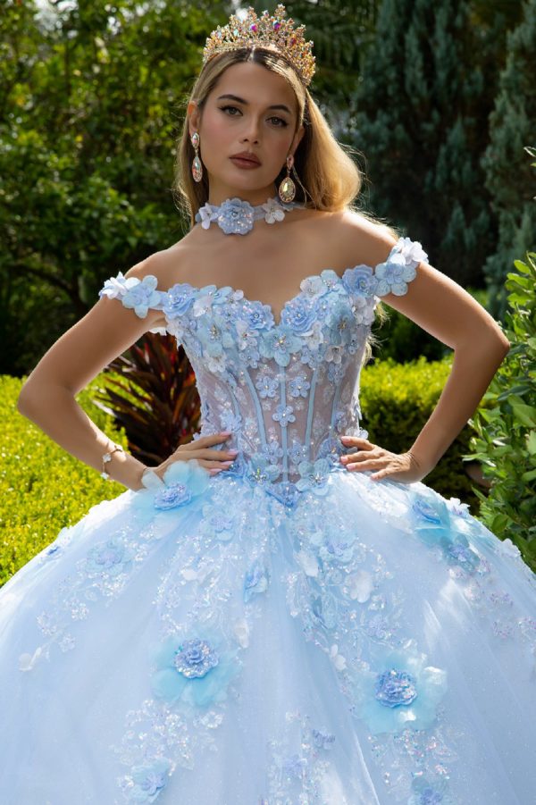 Quinceniera Dresses Glitter Applique Long Ball Gown Long Cape Quinceanera Dress Light Blue