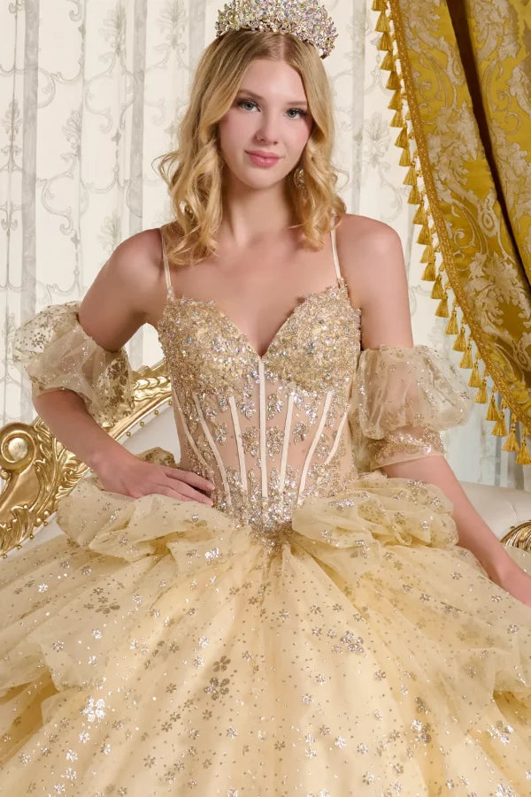 Quinceniera Dresses Glitter Long Ball Gown Metallic Sequin Quinceanera Dress Champagne