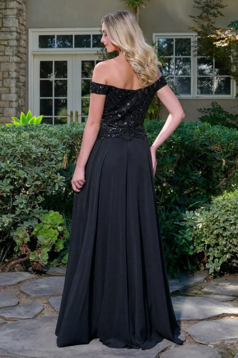 Off-Shoulder Long Chiffon Prom Dress by GLS GL3738 in BLACK