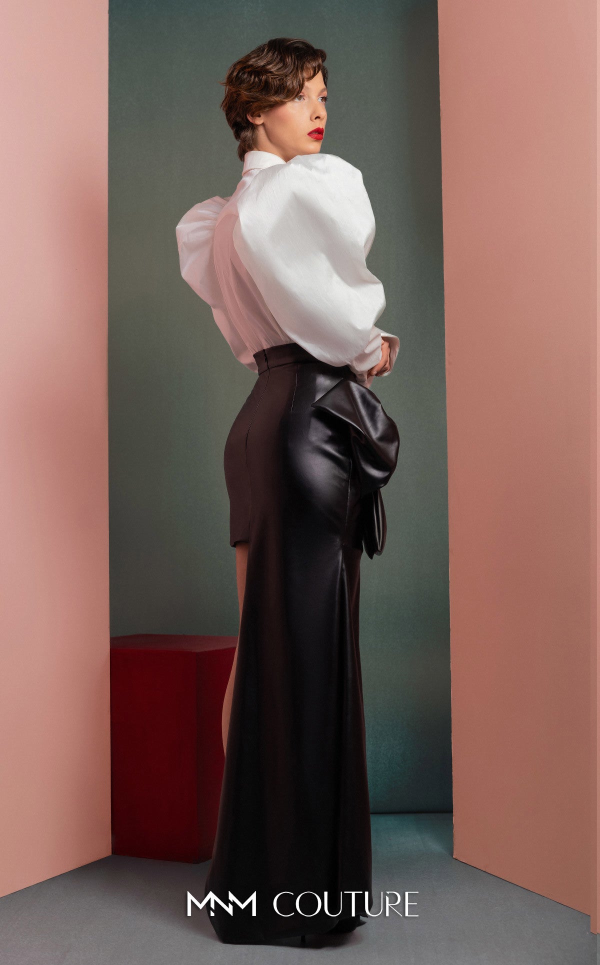 Collared Long Sleeve Satin Cocktail Dress by MNM Couture GOF2502 in Black/White