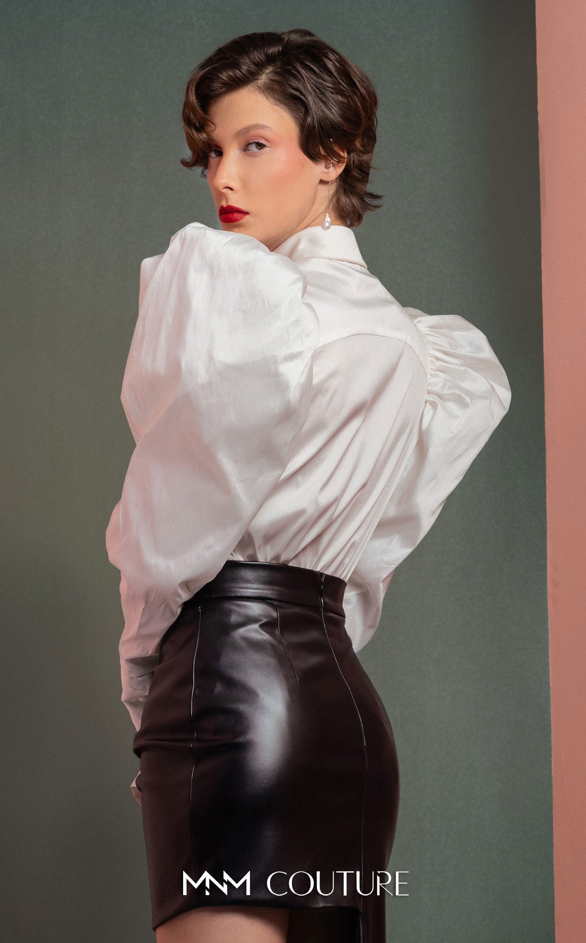 Collared Long Sleeve Satin Cocktail Dress by MNM Couture GOF2502 in Black/White