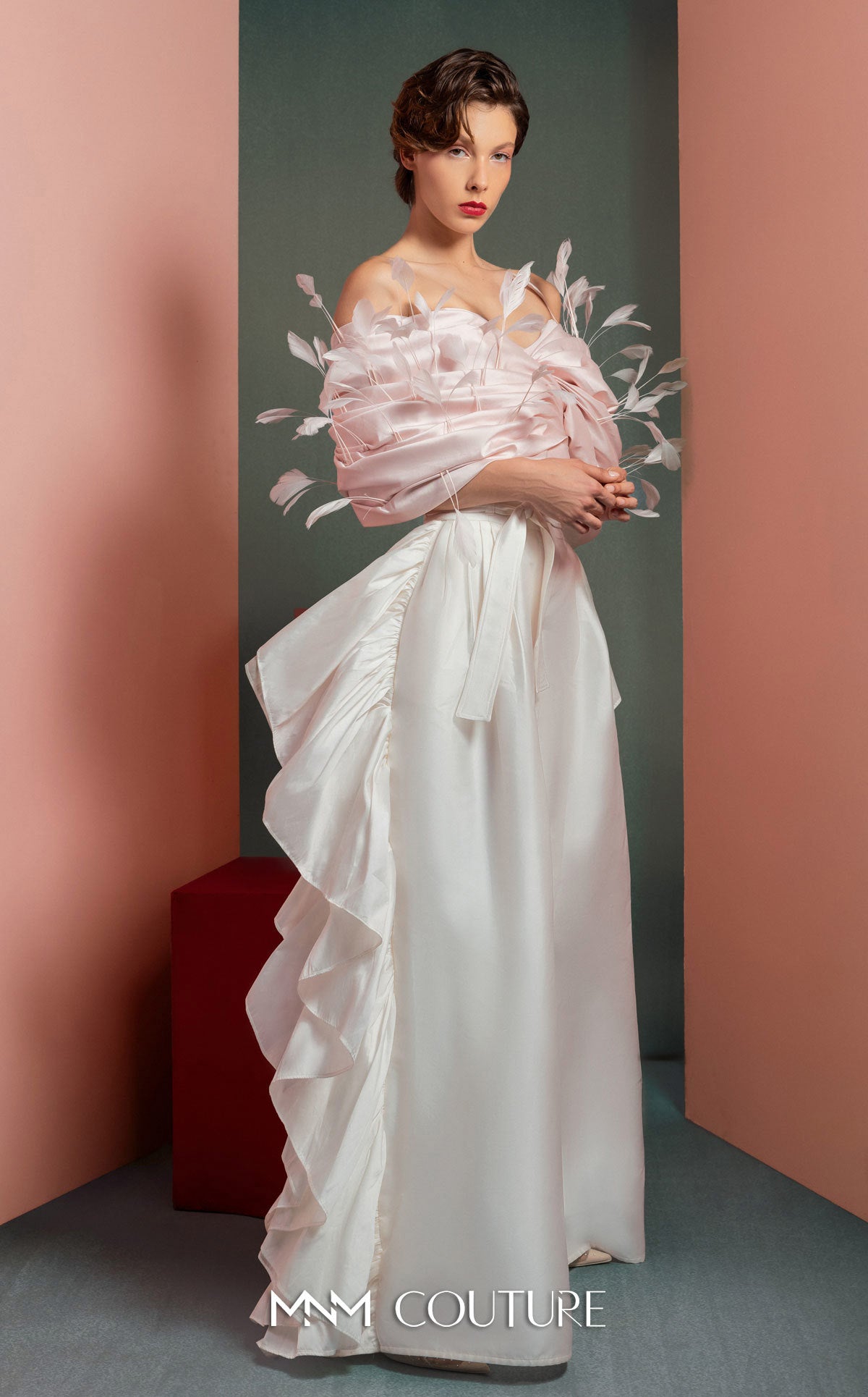 Pant Suit Ruffle Long Evening Pant Suit MNM Couture GOF2504 Pink/Offwhite
