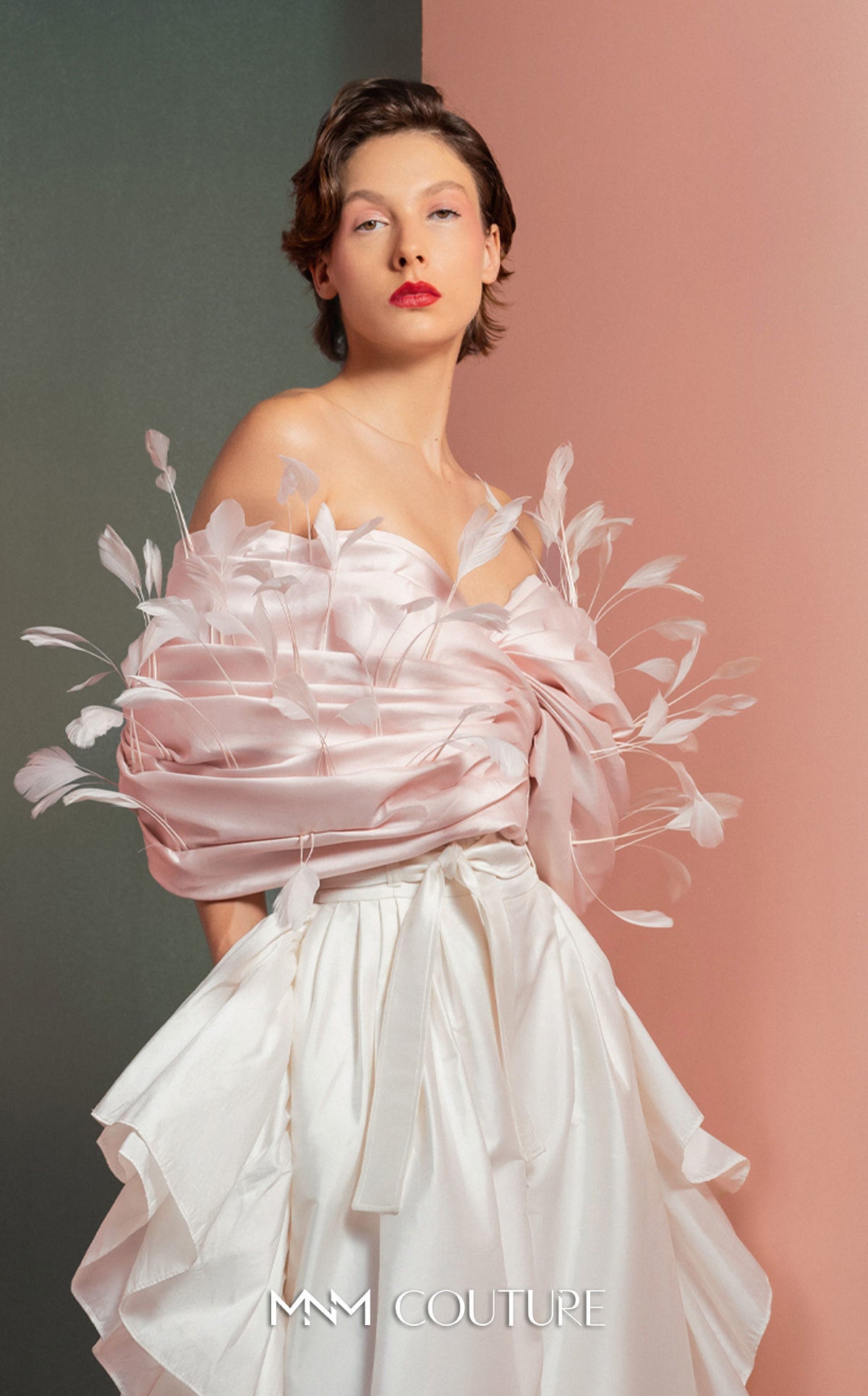 Pant Suit Ruffle Long Evening Pant Suit MNM Couture GOF2504 Pink/Offwhite