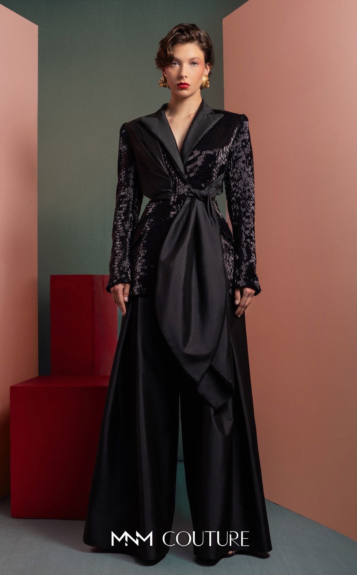 Notched Collar Long Satin Jumpsuit by MNM Couture GOF2505 in Black