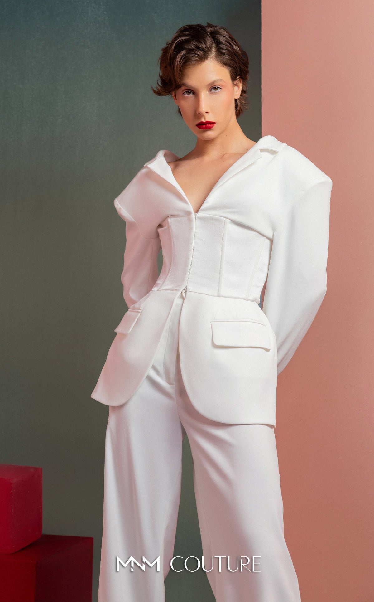 Collared Long Sleeve Pant Suit by MNM Couture GOF2514 in Off White