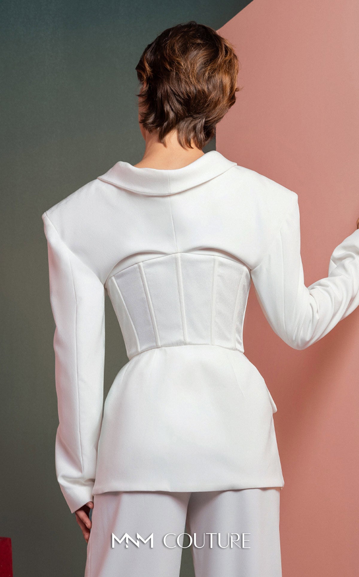 Collared Long Sleeve Pant Suit by MNM Couture GOF2514 in Off White