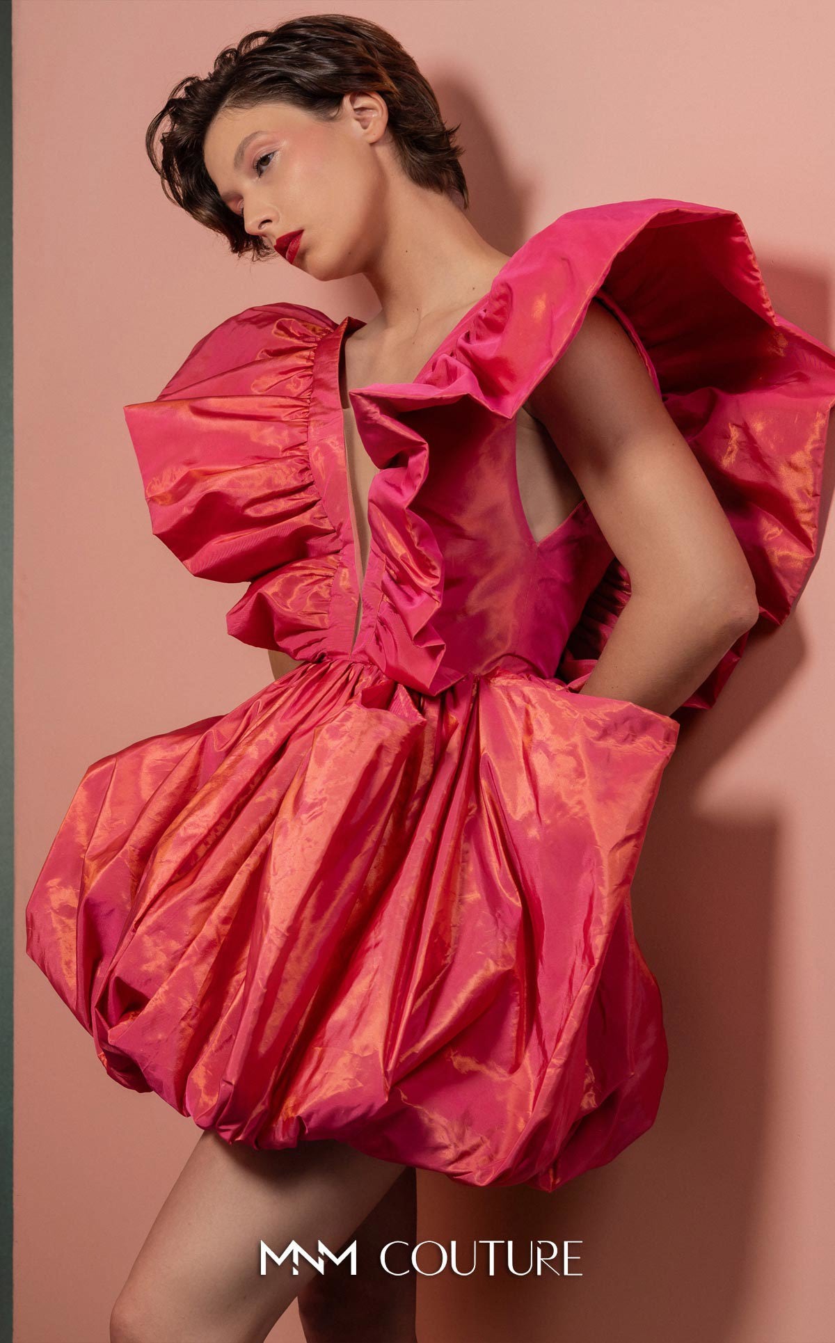 V-Neck Short Taffeta Cocktail Dress by MNM Couture GOF2518 in Coral