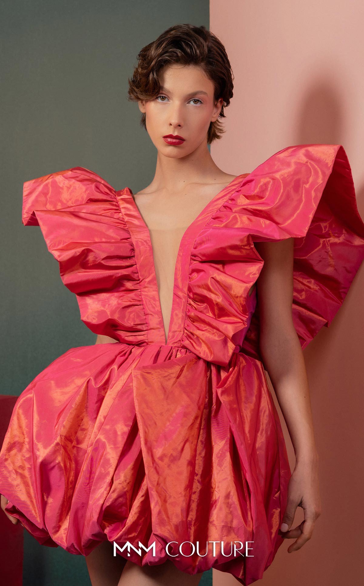 V-Neck Short Taffeta Cocktail Dress by MNM Couture GOF2518 in Coral
