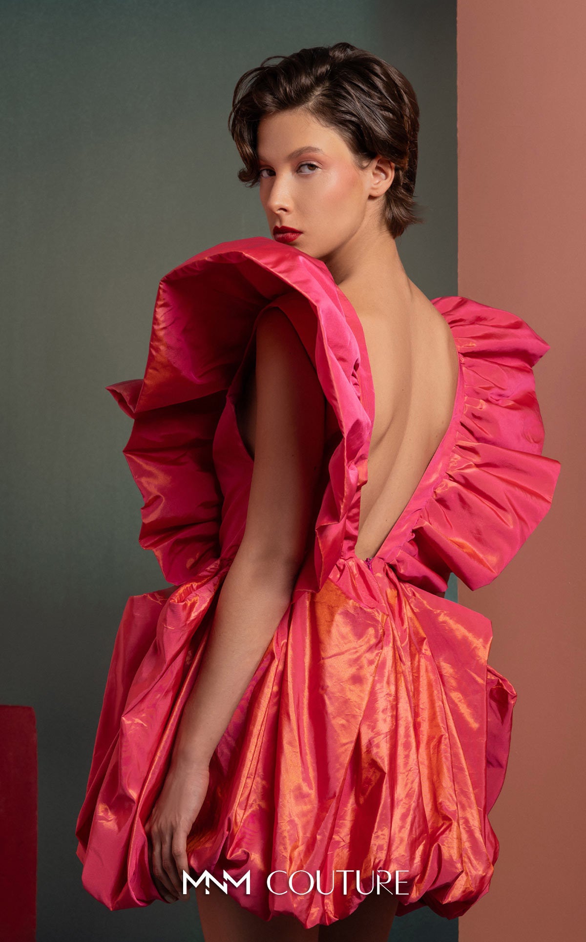 V-Neck Short Taffeta Cocktail Dress by MNM Couture GOF2518 in Coral