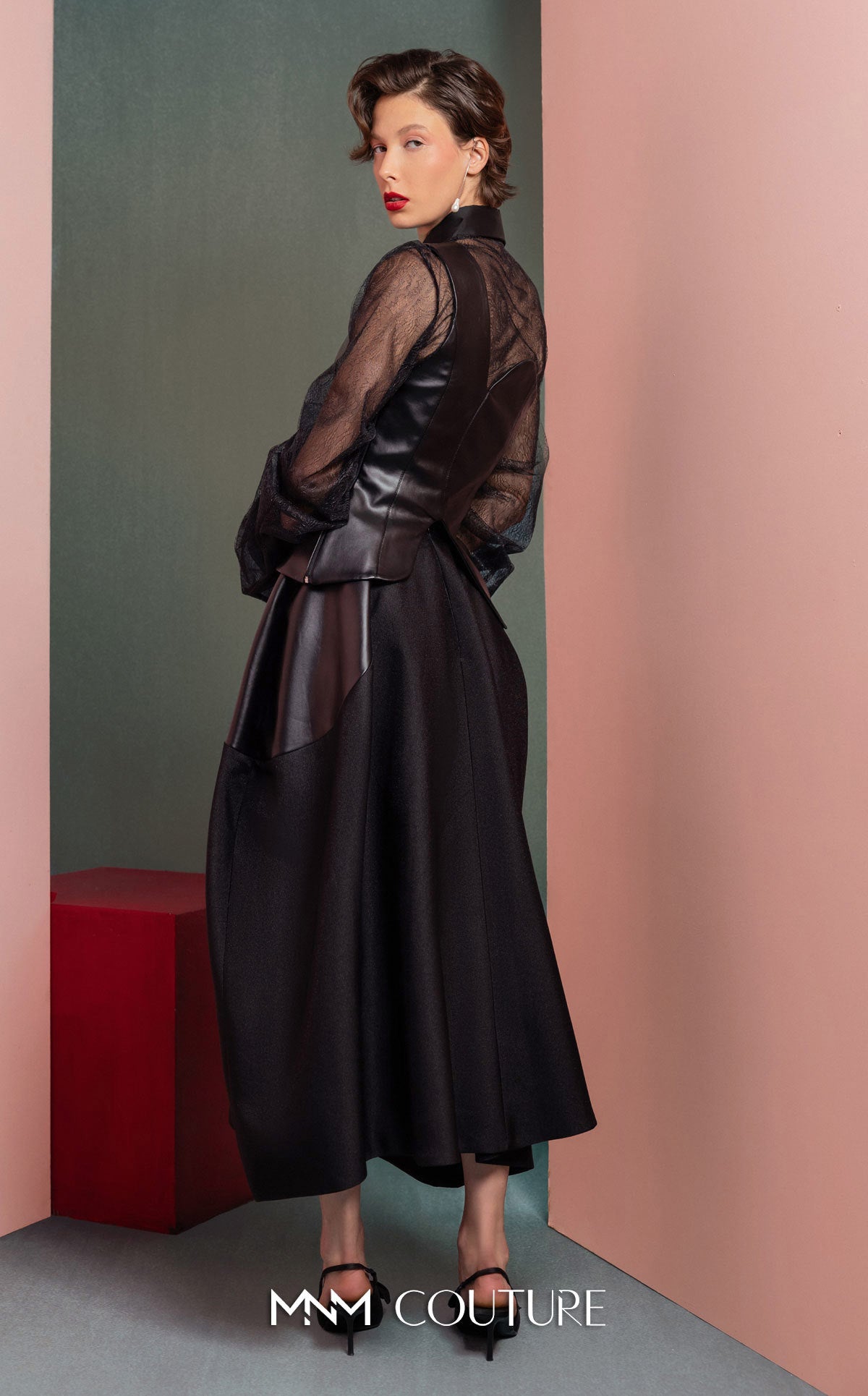 Collared Long Sleeve Leather Cocktail Dress by MNM Couture GOF2520 in Black