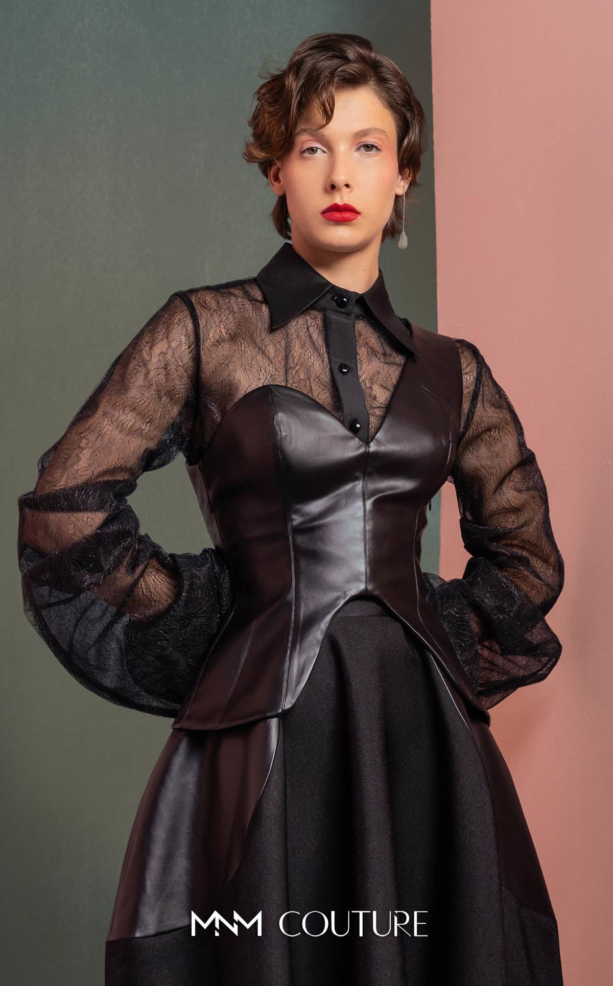 Collared Long Sleeve Leather Cocktail Dress by MNM Couture GOF2520 in Black