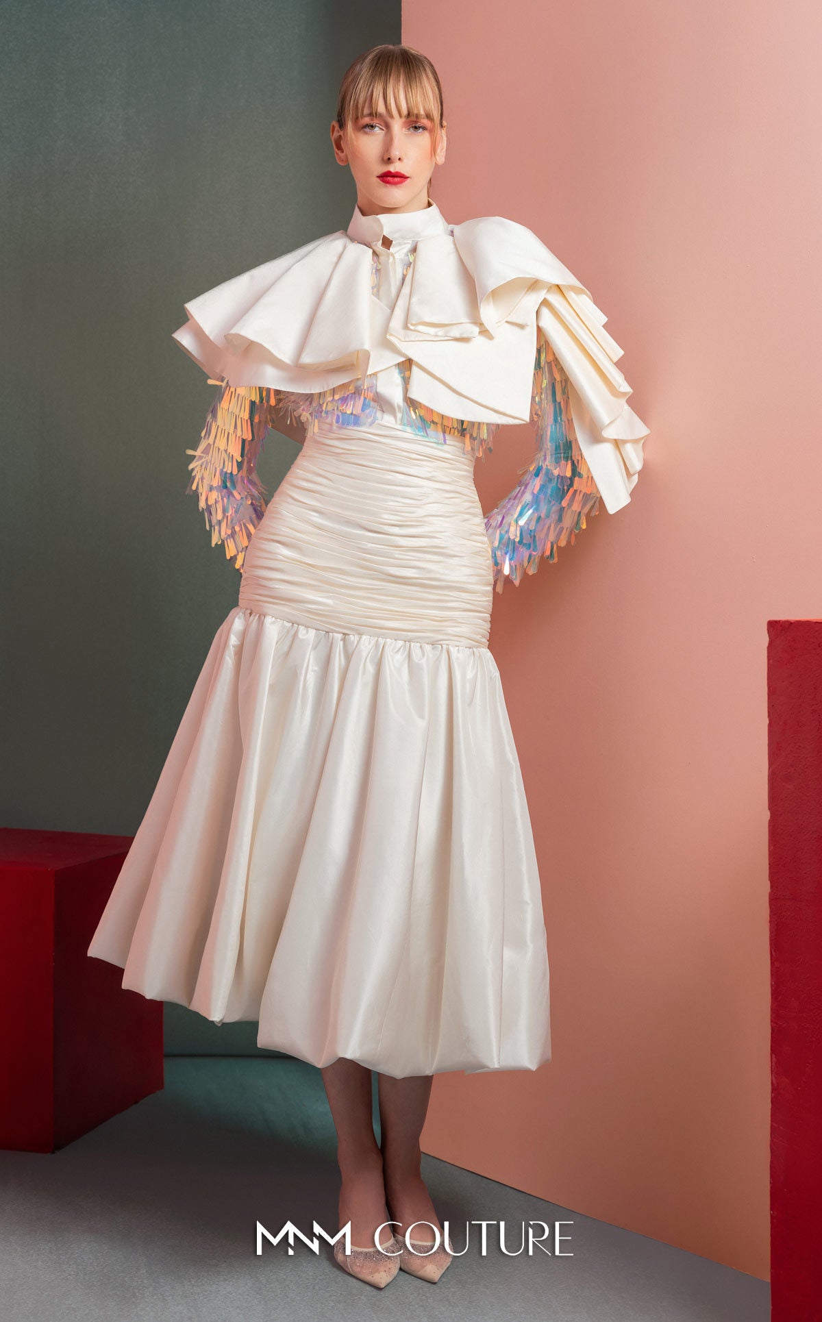 High Neck Midi Satin Cocktail Dress by MNM Couture GOF2521 in Off White