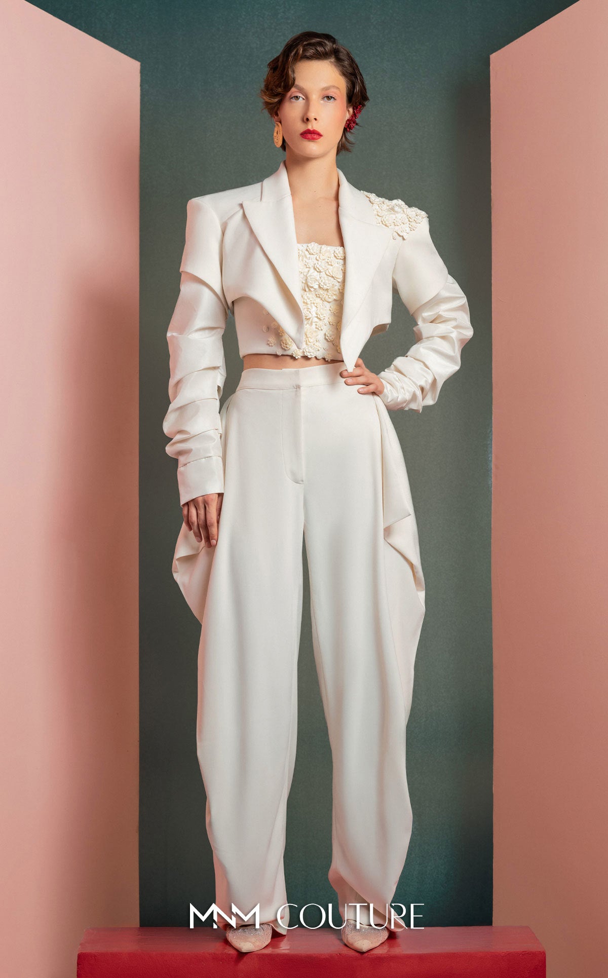 Notched Long Satin Pant Suit by MNM Couture GOF2522 in Off White