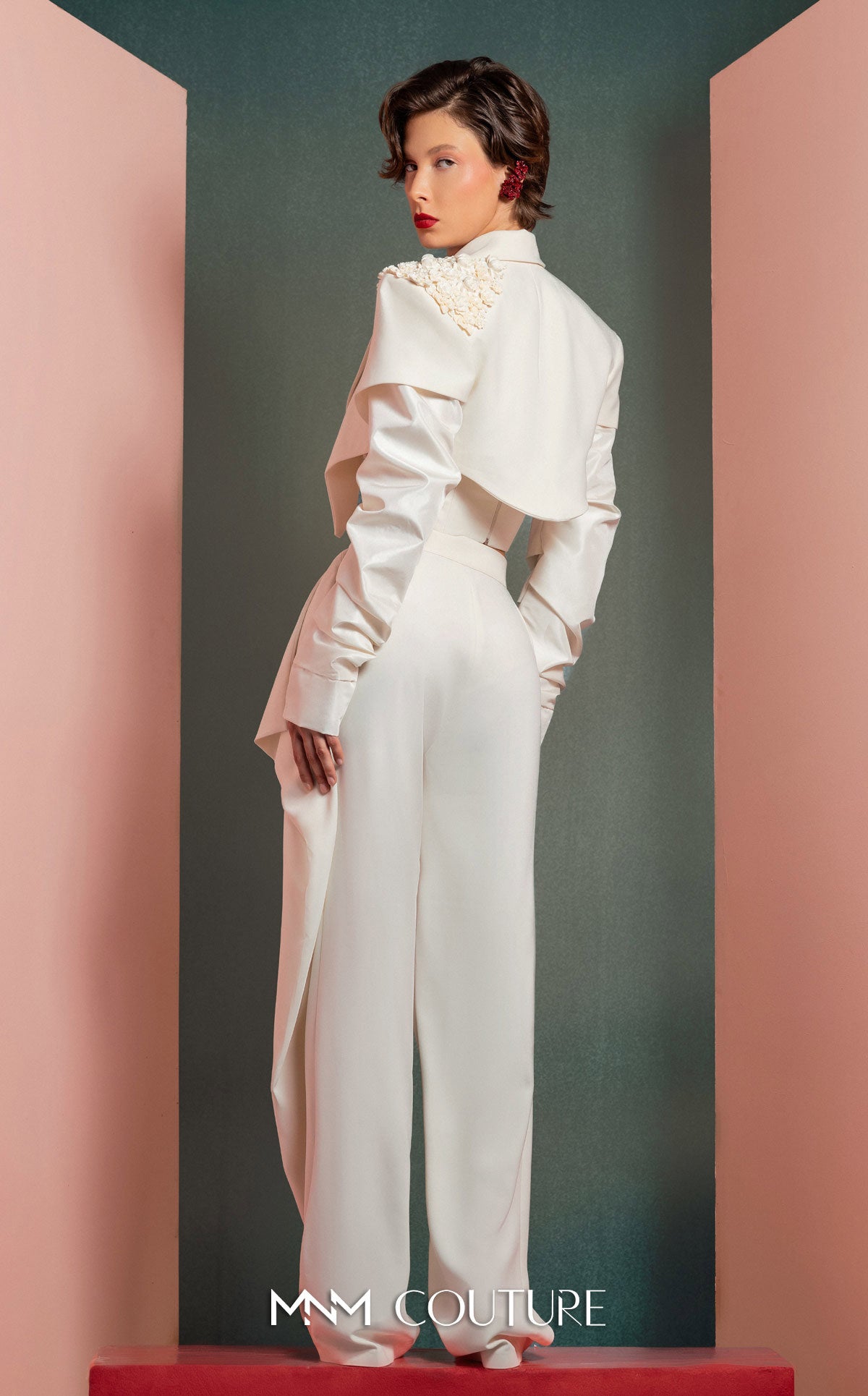 Notched Long Satin Pant Suit by MNM Couture GOF2522 in Off White