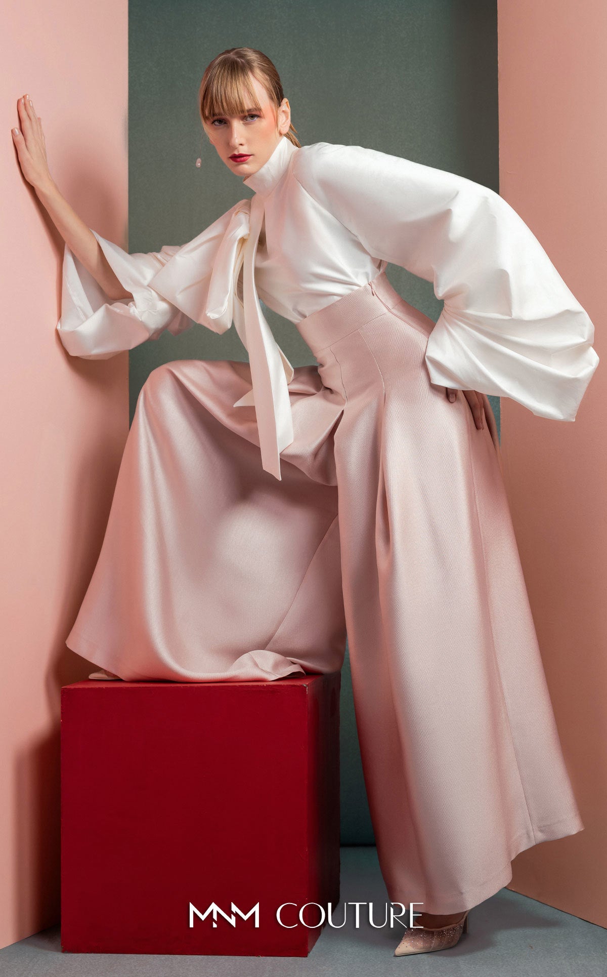 High Neck Long Sleeve Satin Pant Suit by MNM Couture GOF2523 in Pink/White