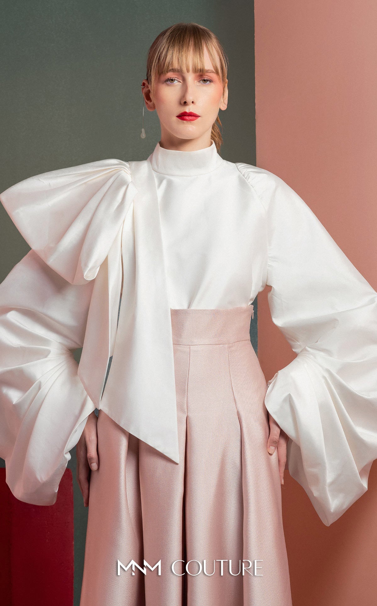 High Neck Long Sleeve Satin Pant Suit by MNM Couture GOF2523 in Pink/White
