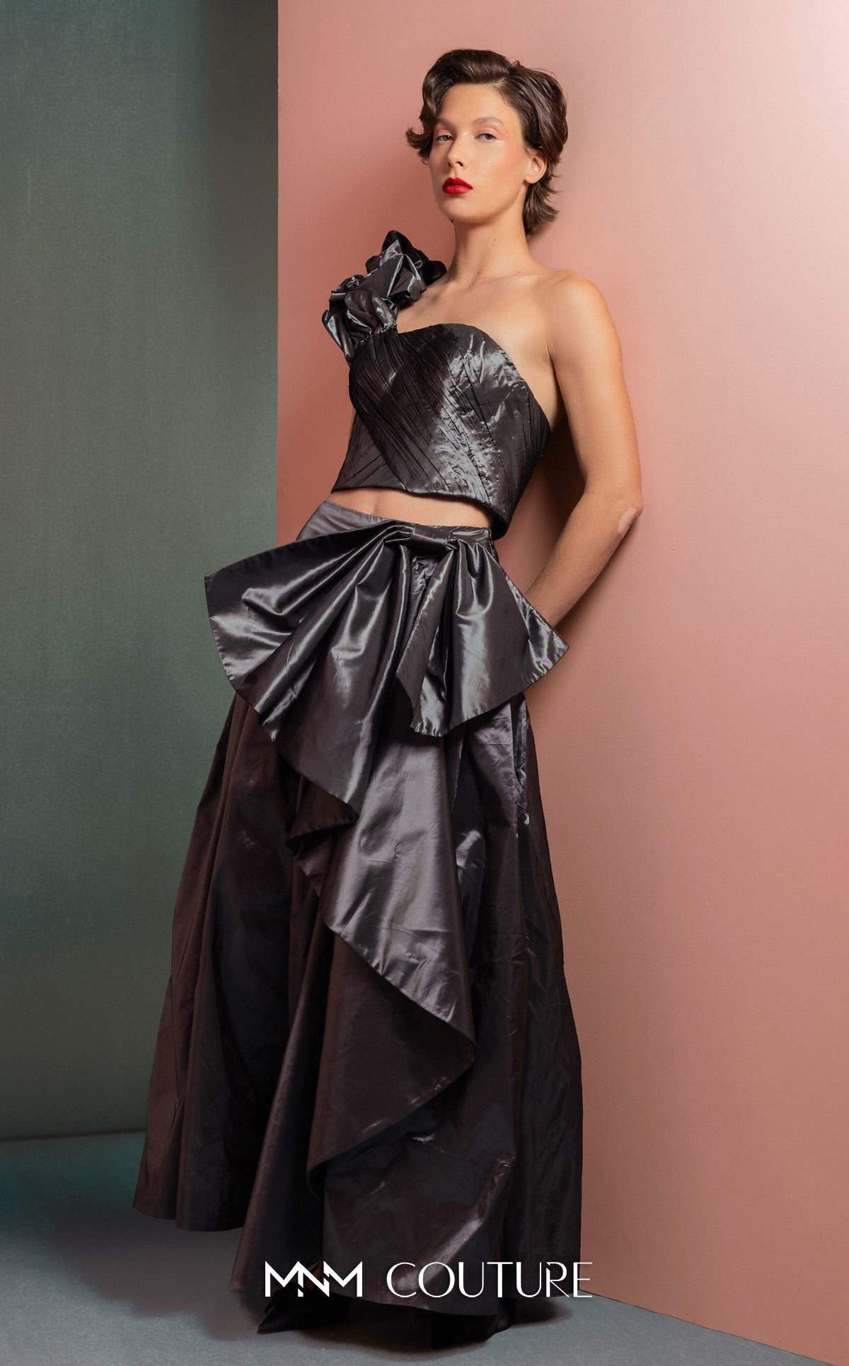 Formal Dresses Two Piece Long Metallic Formal Ruffle Dress MNM Couture GOF2524 Antrasit