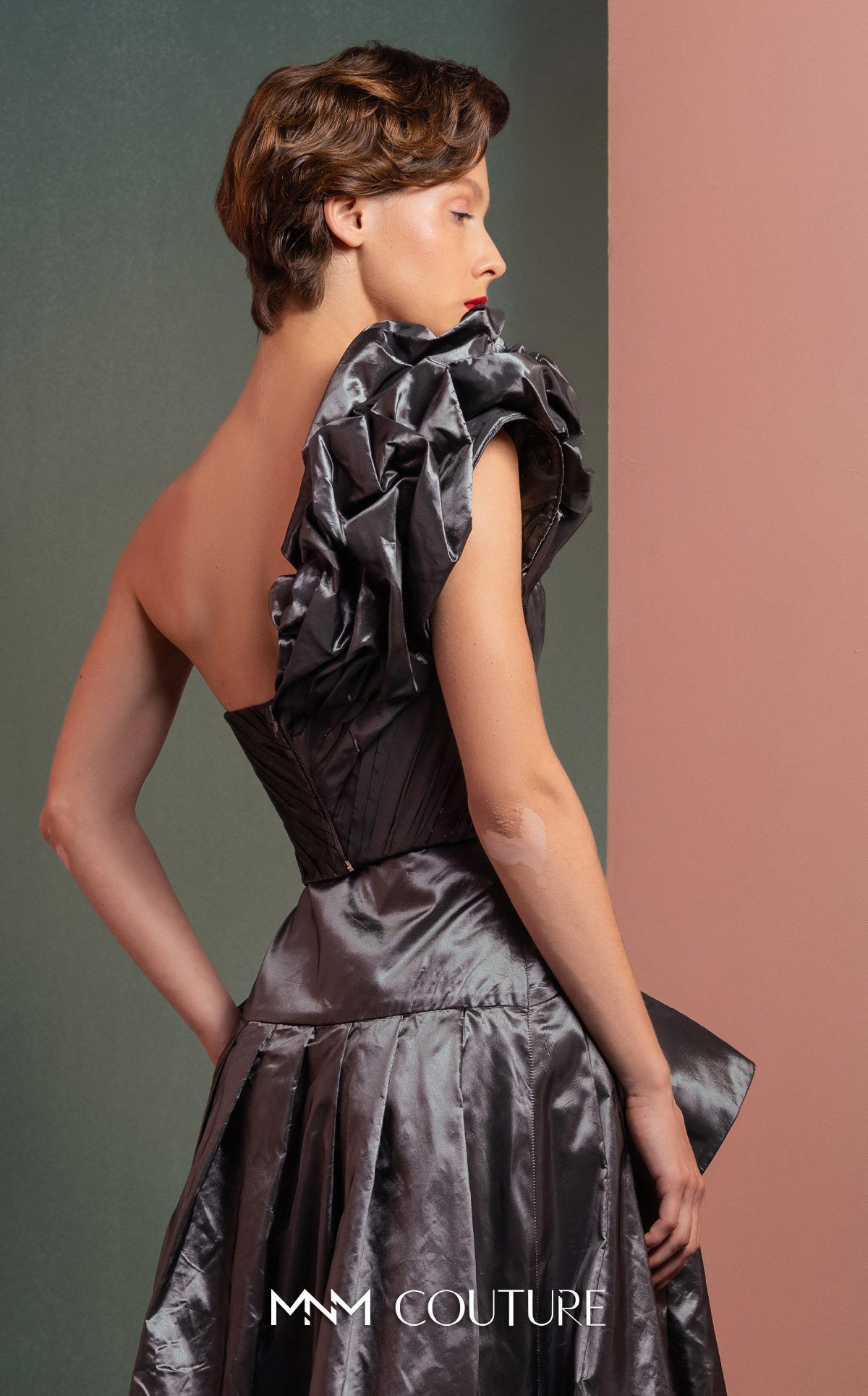 Formal Dresses Two Piece Long Metallic Formal Ruffle Dress MNM Couture GOF2524 Antrasit