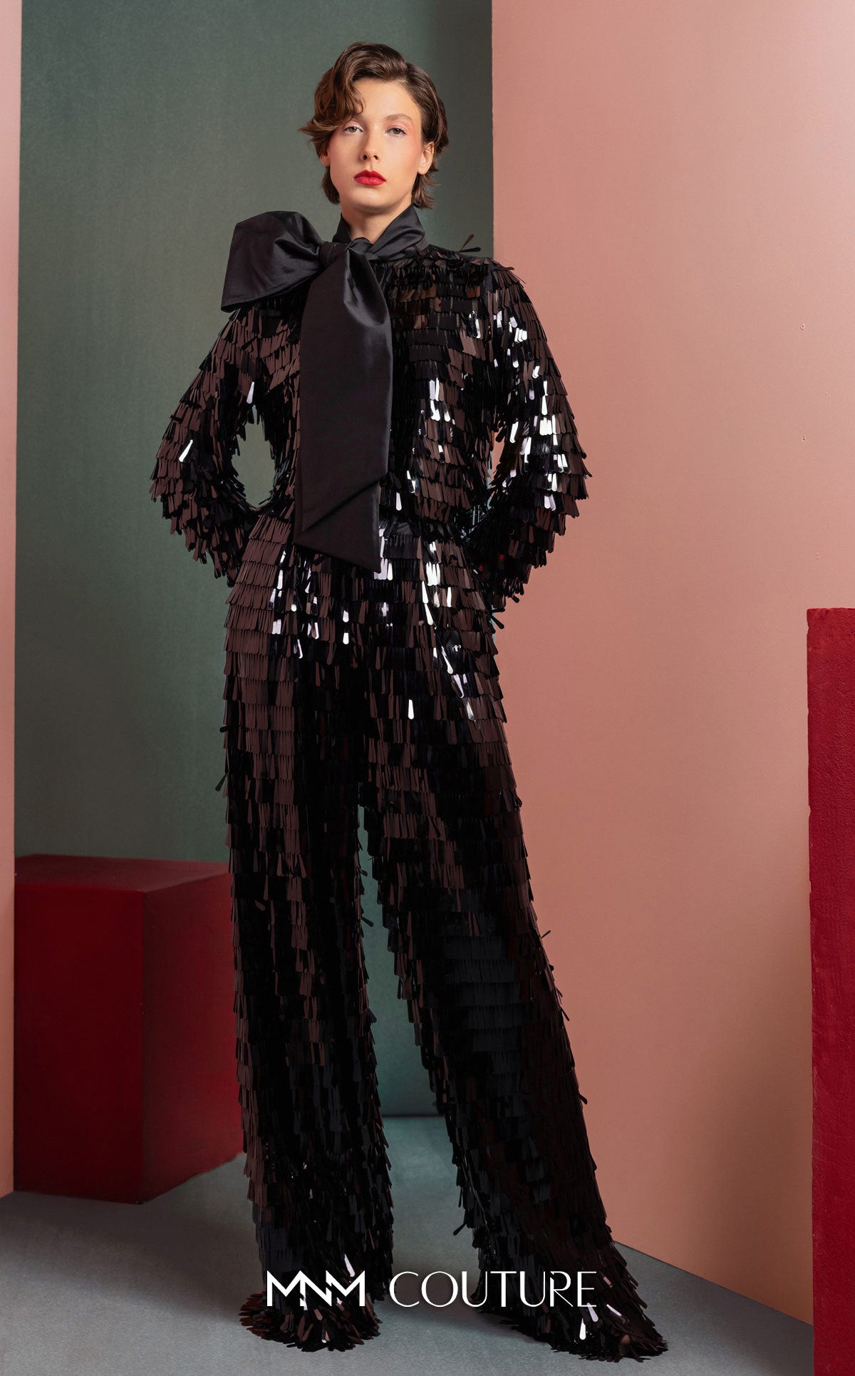 High Neck Sequin Fringe Jumpsuit by MNM Couture GOF2526 in Off White