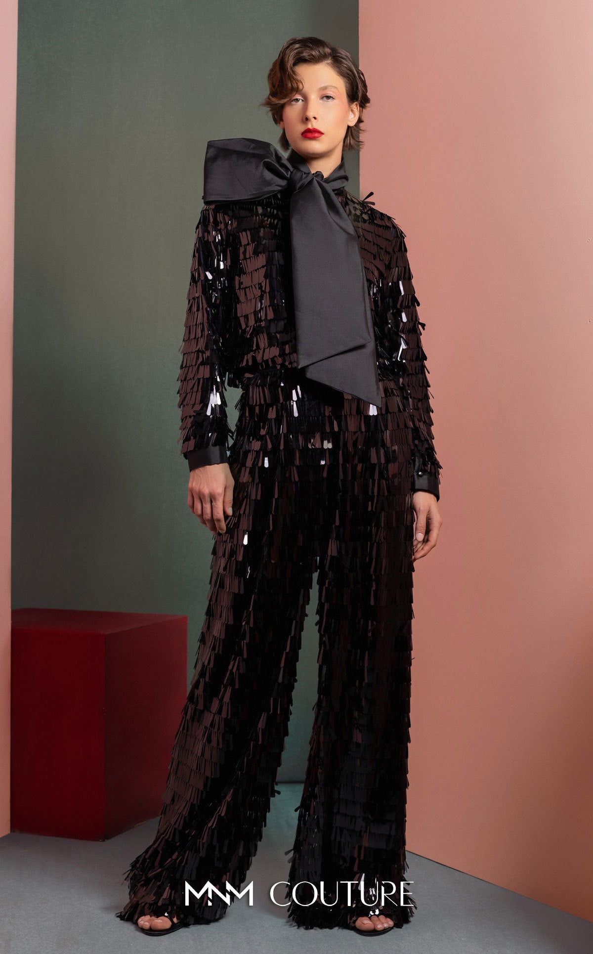 High Neck Sequin Fringe Jumpsuit by MNM Couture GOF2526 in Off White