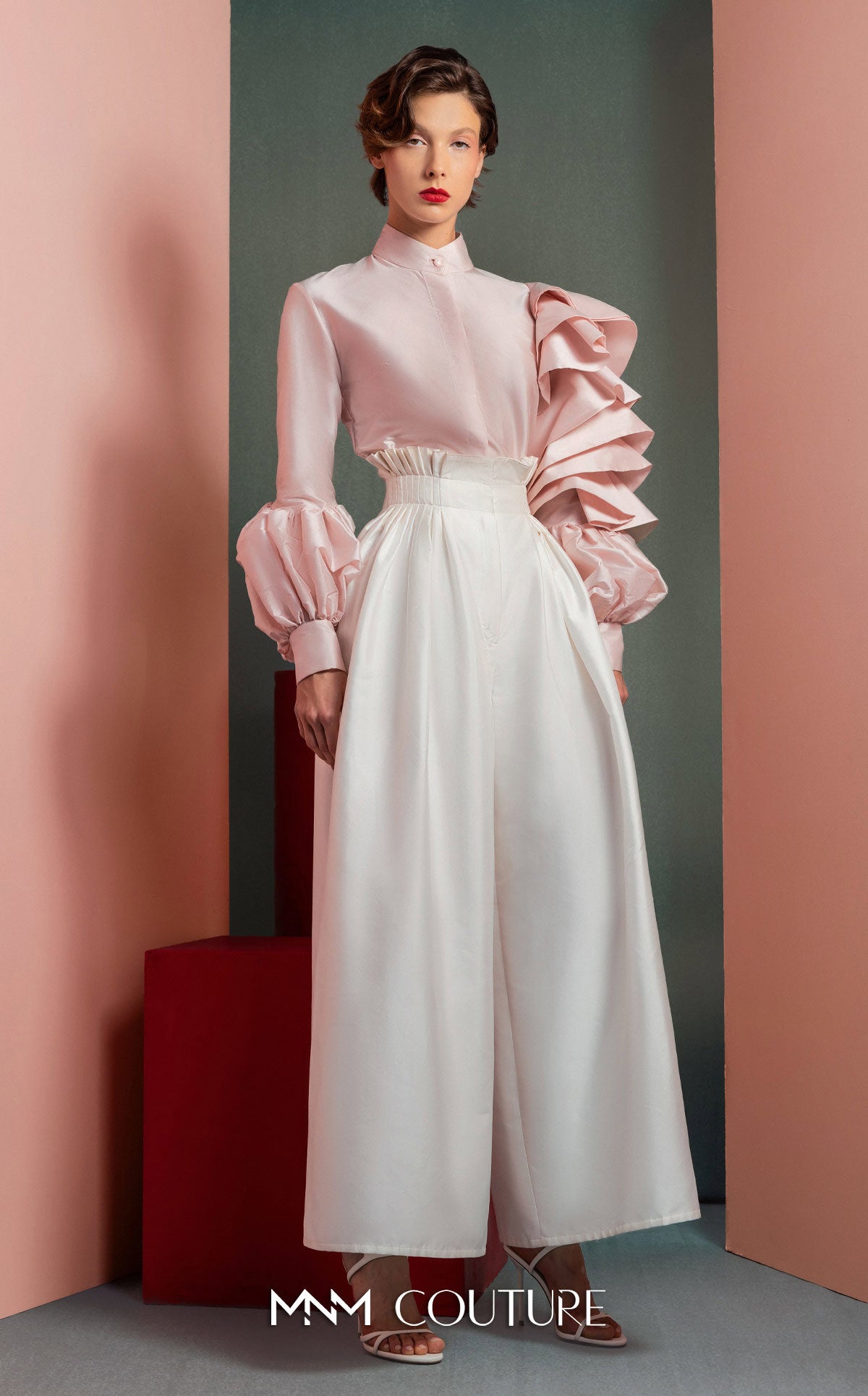 High Neck Long Satin Jumpsuit by MNM Couture GOF2529 in Pink/Off White