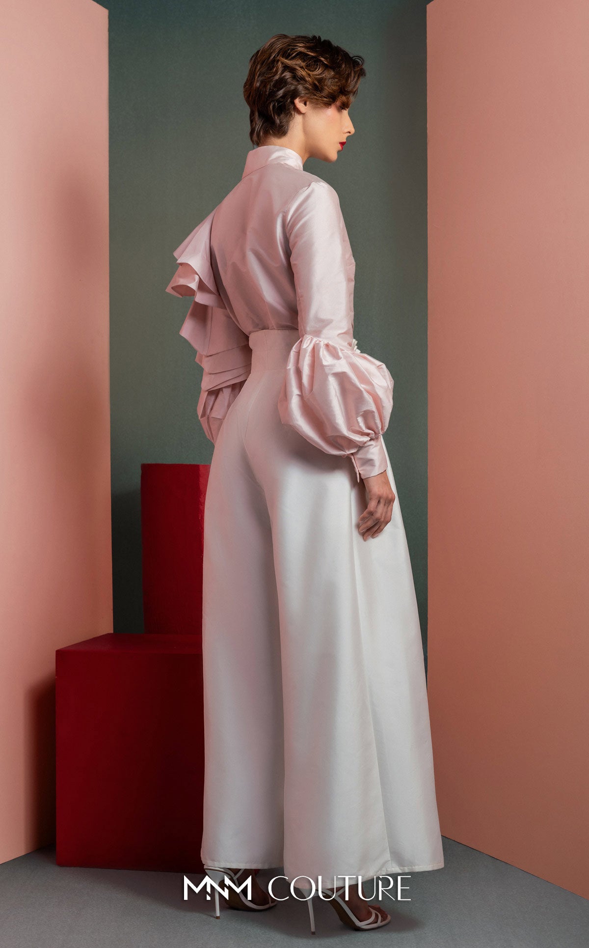 High Neck Long Satin Jumpsuit by MNM Couture GOF2529 in Pink/Off White