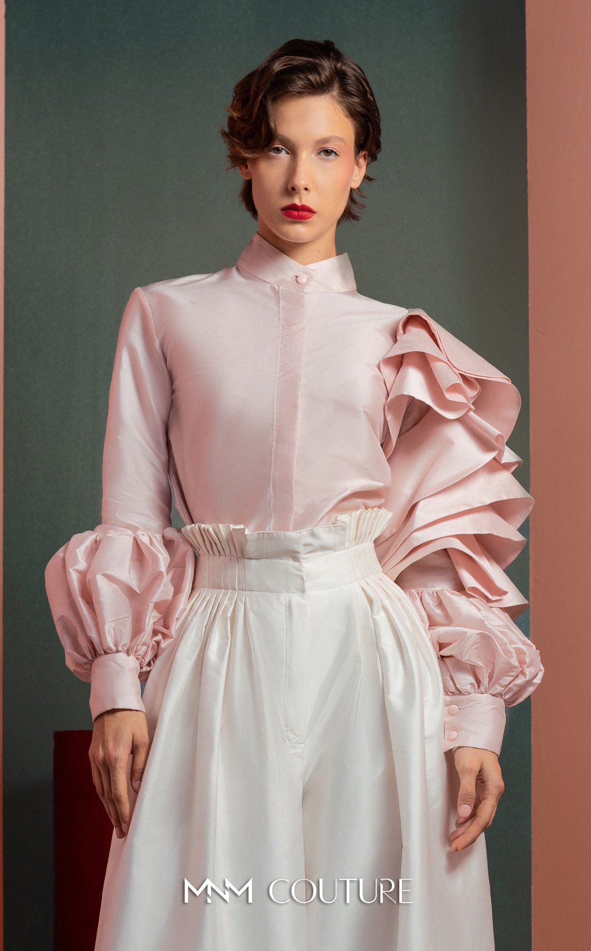 High Neck Long Satin Jumpsuit by MNM Couture GOF2529 in Pink/Off White
