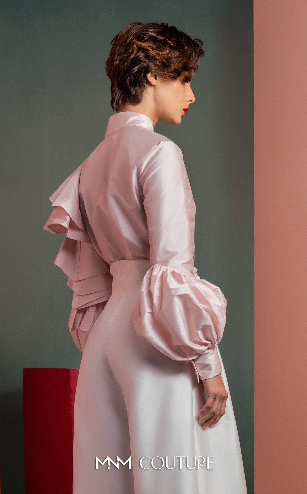 High Neck Long Satin Jumpsuit by MNM Couture GOF2529 in Pink/Off White