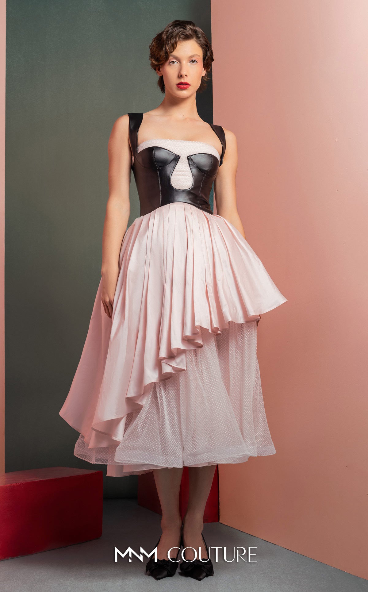Cocktail Dresses Midi Pleated Evening Cocktail Dress MNM Couture GOF2530 Black/White
