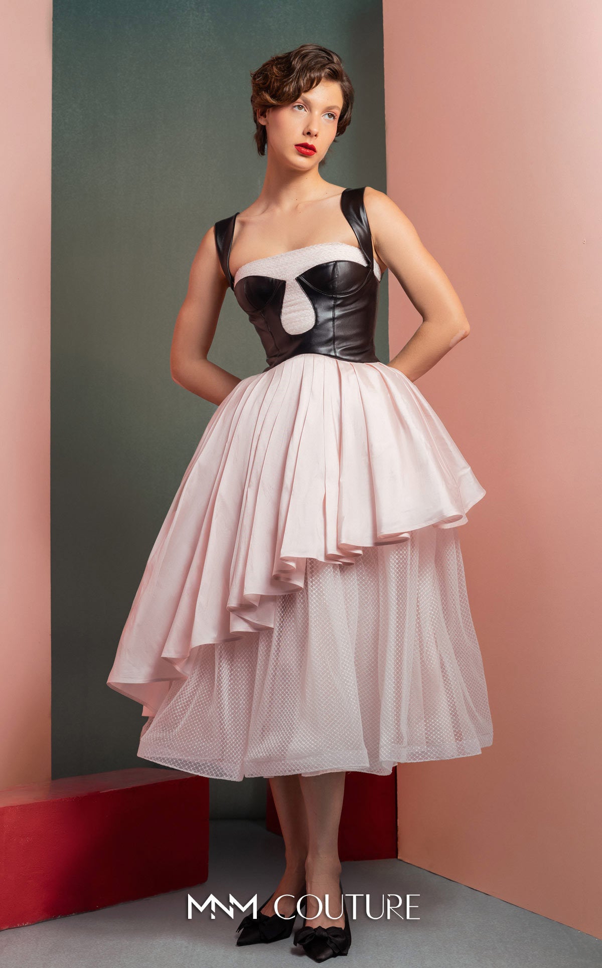 Cocktail Dresses Midi Pleated Evening Cocktail Dress MNM Couture GOF2530 Black/White