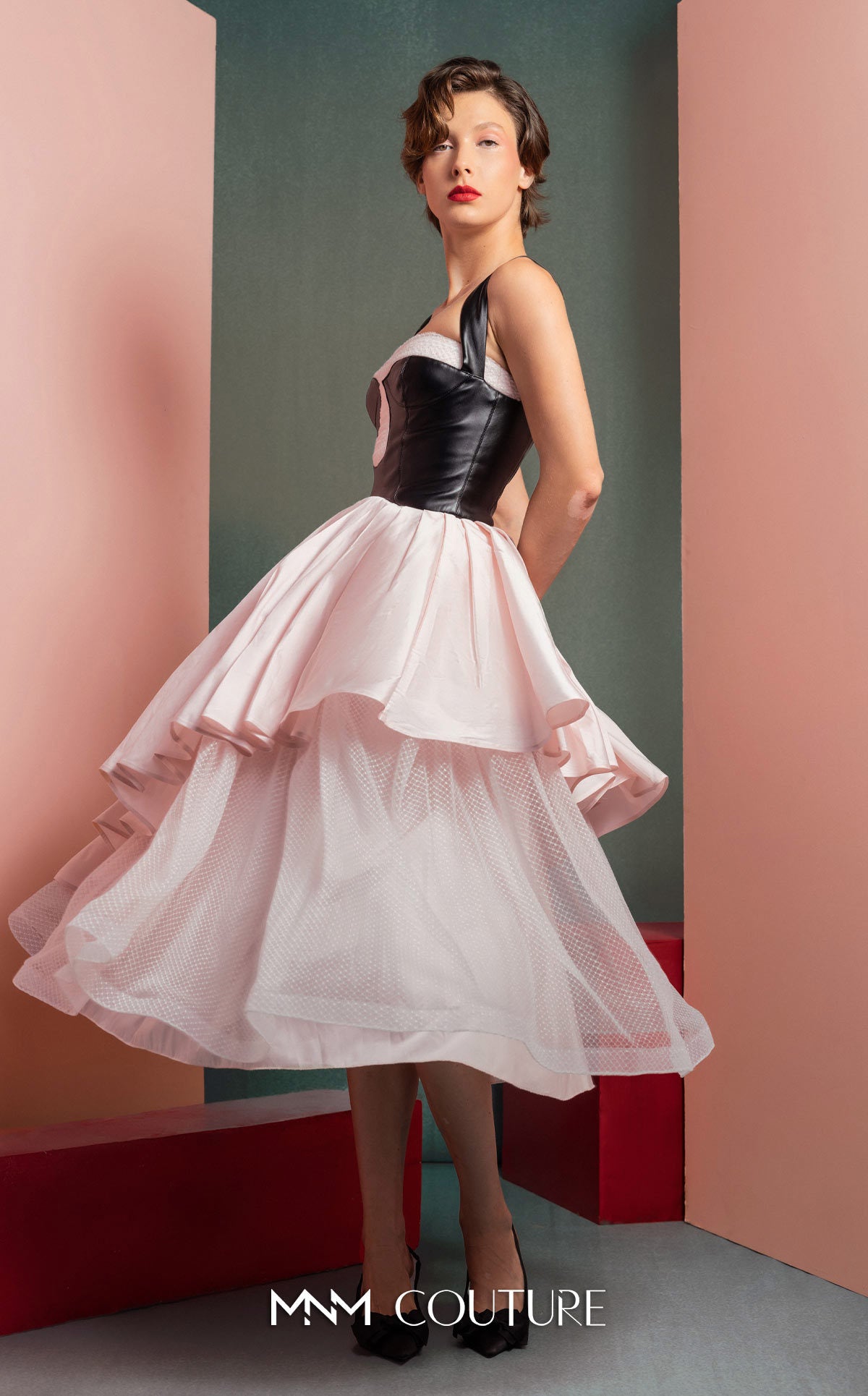 Cocktail Dresses Midi Pleated Evening Cocktail Dress MNM Couture GOF2530 Black/White