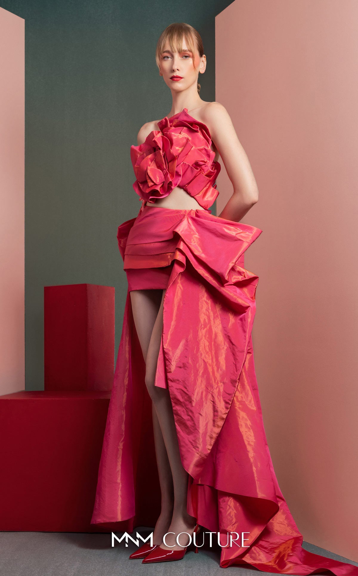 Cocktail Dresses Two Piece High Low Metallic Cocktail Dress MNM Couture GOF2531 Coral