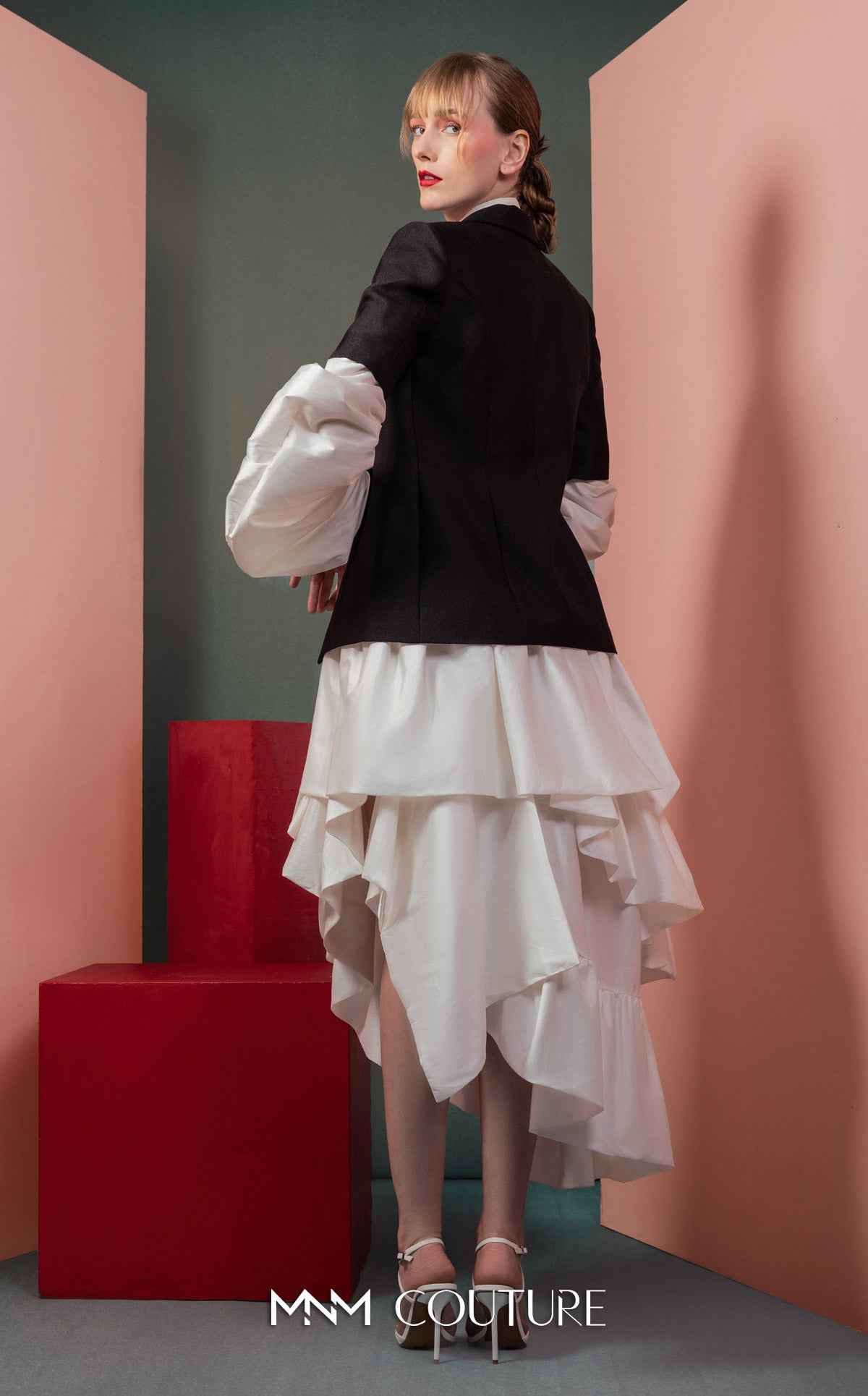 Collared Midi Layered Cocktail Dress by MNM Couture GOF2532 in Black/White