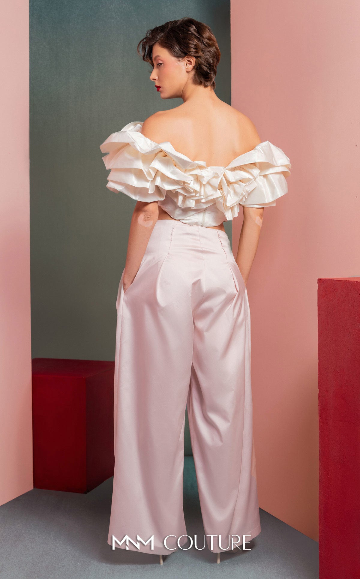 Off-Shoulder Cropped Satin Pant Suit by MNM Couture GOF2538 in Pink/Off White