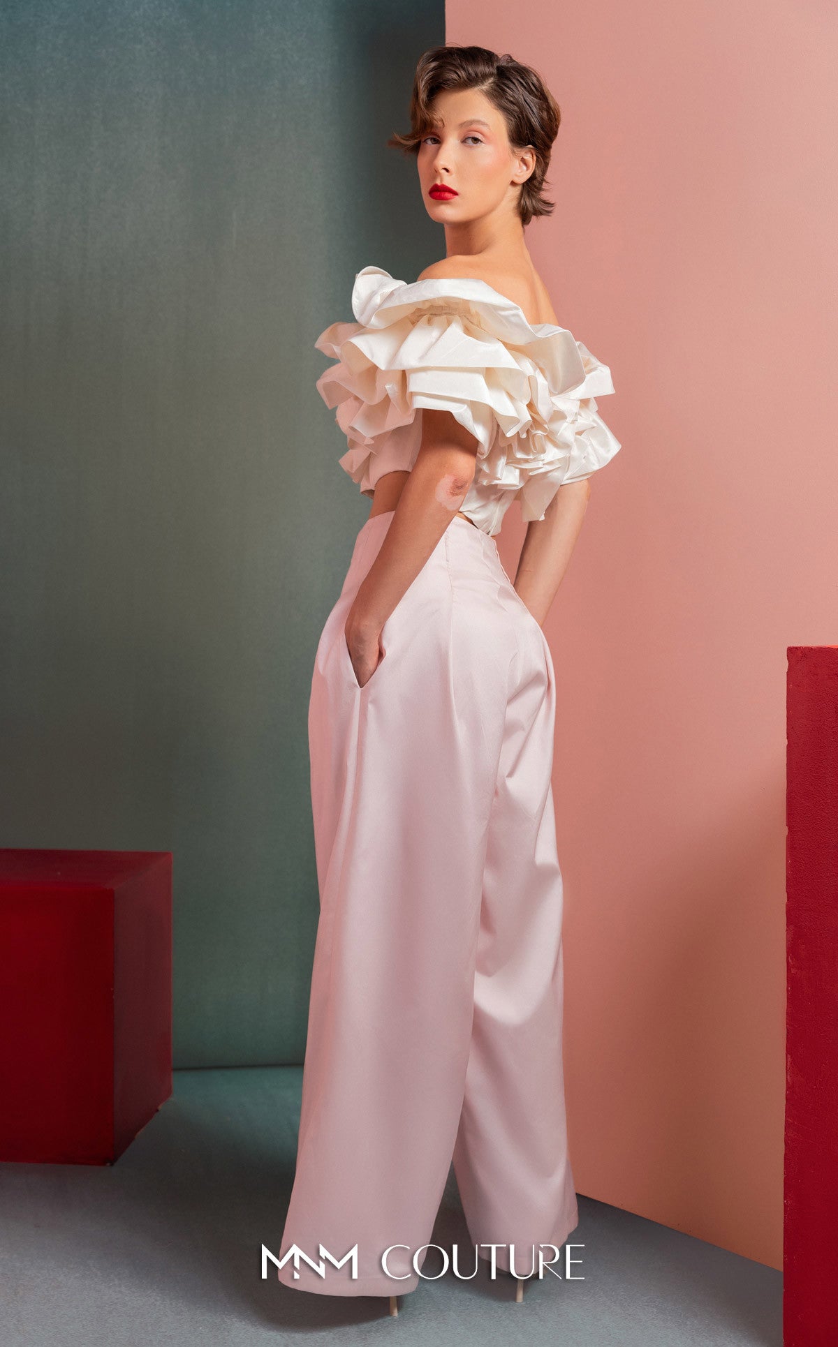 Off-Shoulder Cropped Satin Pant Suit by MNM Couture GOF2538 in Pink/Off White