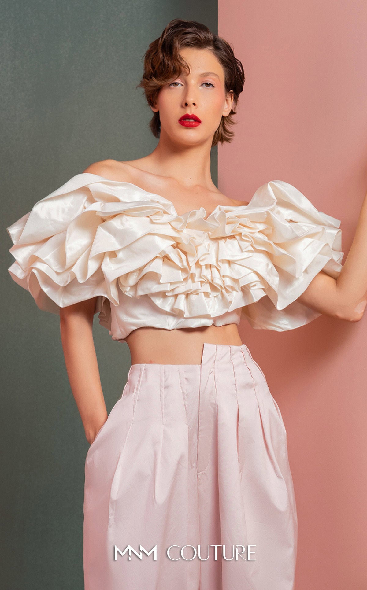 Off-Shoulder Cropped Satin Pant Suit by MNM Couture GOF2538 in Pink/Off White
