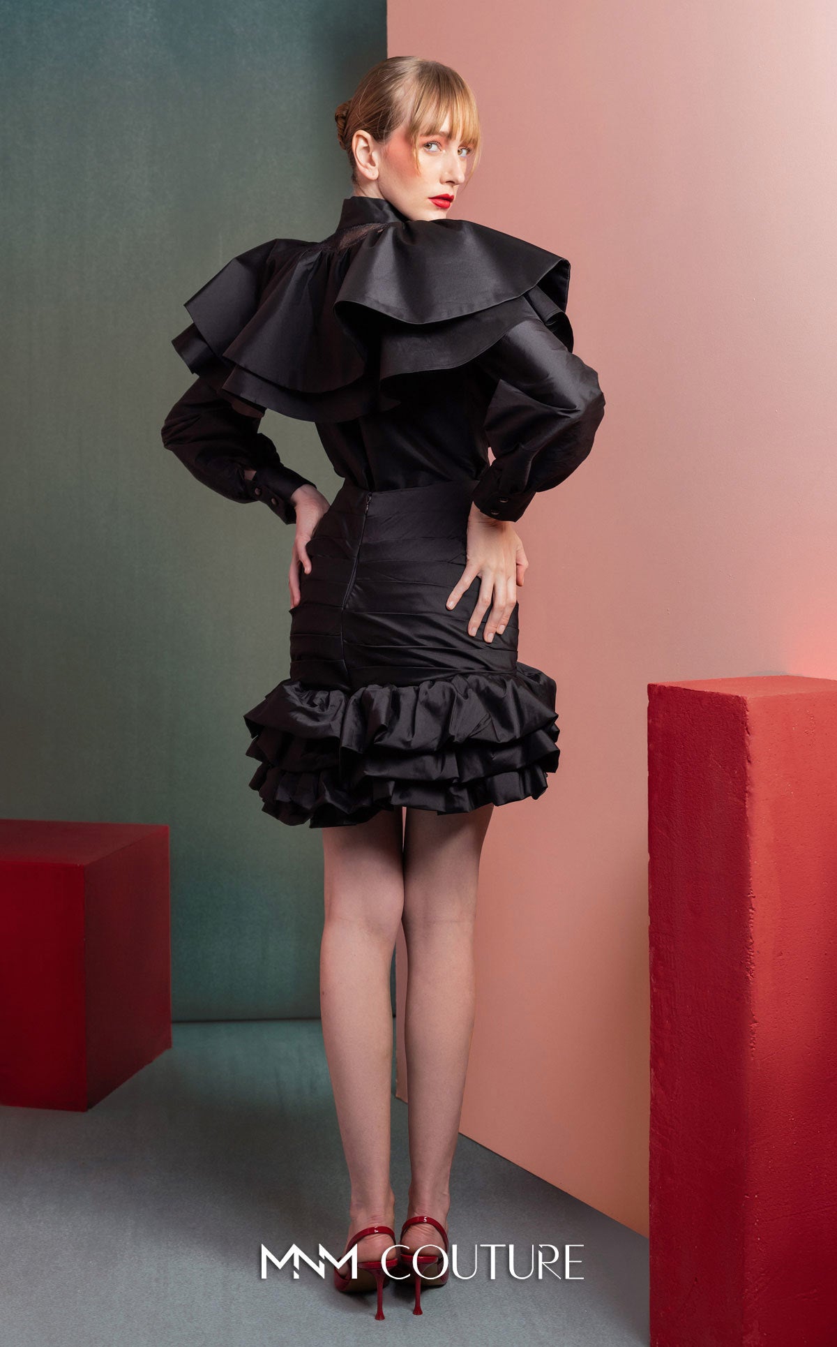 High Neck Short Satin Cocktail Dress by MNM Couture GOF2539 in Black